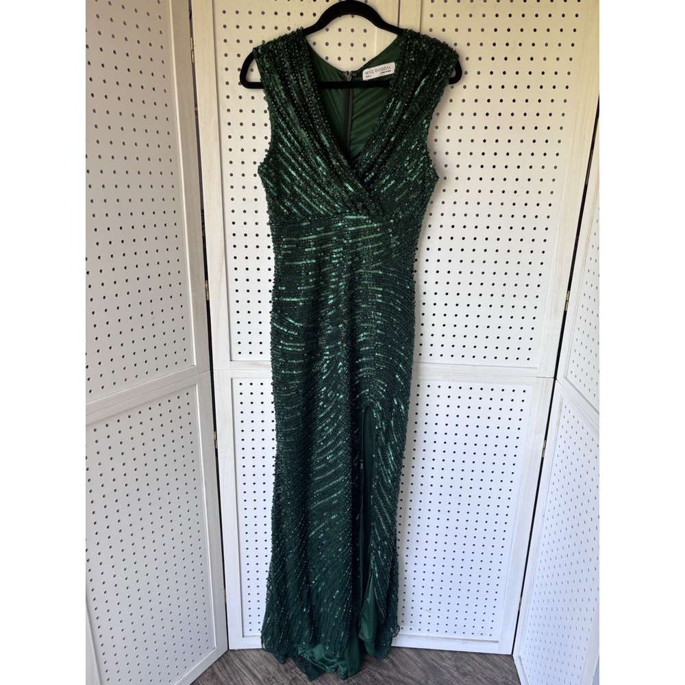 Mac Duggal Maxi Dress Beaded Sequin Dark Green Women's 2 Slit V Neck Sleeveless